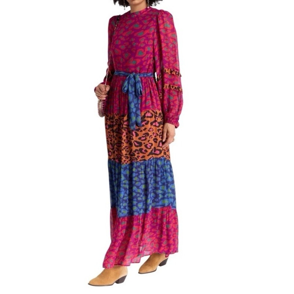 Farm Rio Mixed Leopard Pop Maxi Dress Belted Cotton Georgette Size XL